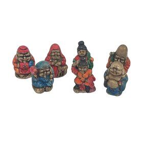 Seven Lucky Gods Japanese Hand Painted Resin Buddha Figurine Set Of 7